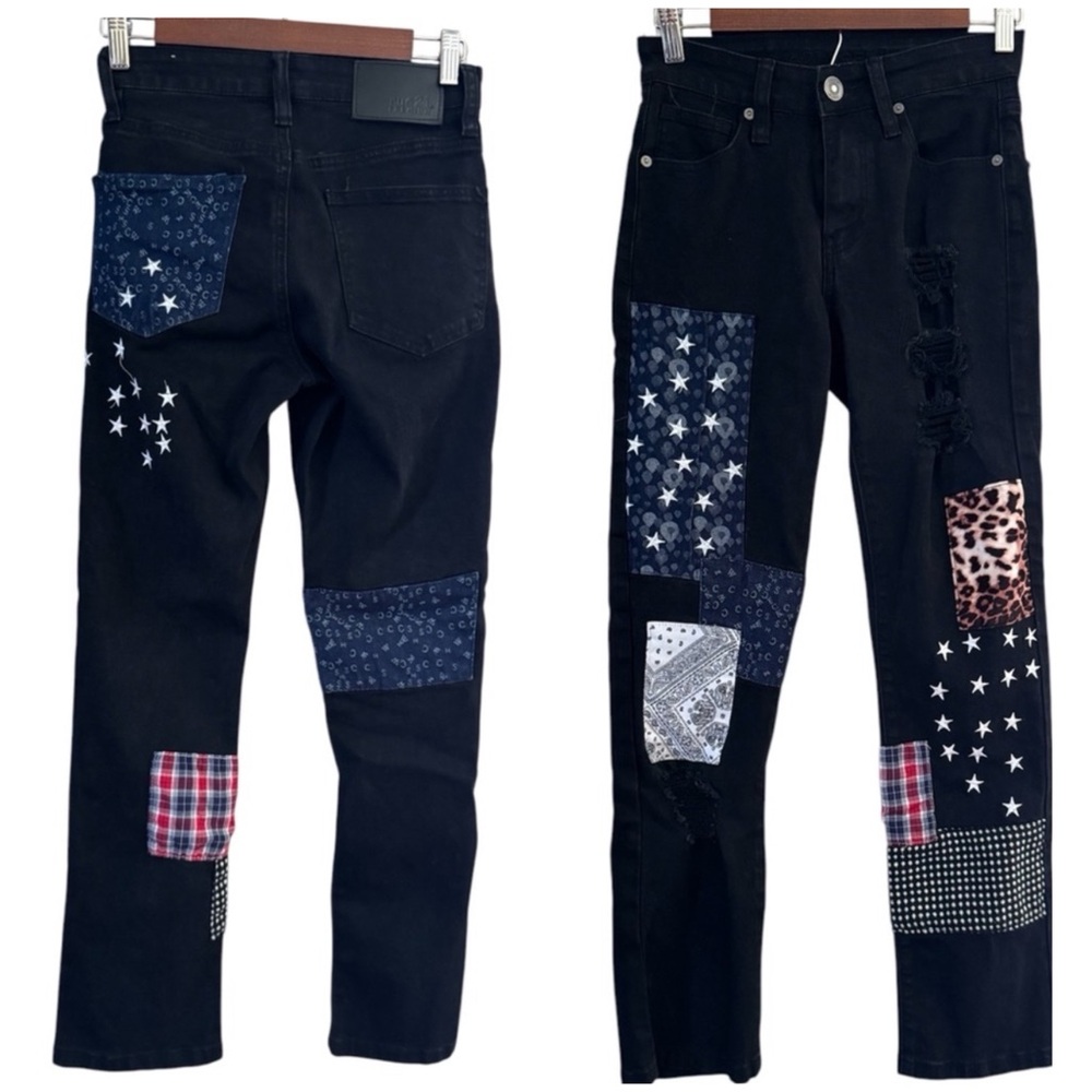 Rue21 Women's Black Patchwork Jeans Women's Size 26x30 Festival , Patriotic